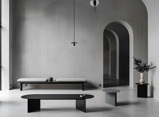 Minimalist Interior Design with Grey Walls and Black Furniture