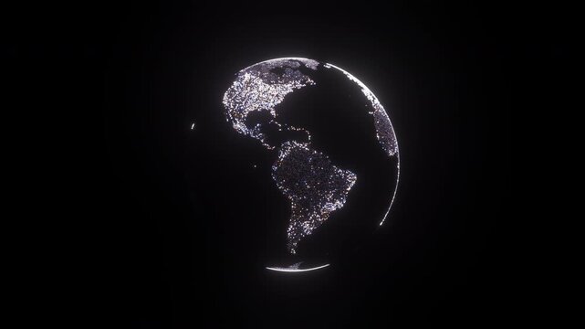3D animation of rotating Earth globe with flickering light and glowing particles on black background , 4K animated news template and intro