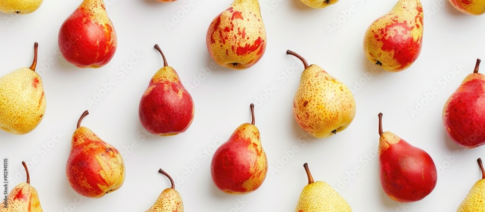 Sticker Overhead view of vibrant ripe pear fruits in red and yellow shades set against a white backdrop providing space for text or other elements in the image. Creative banner. Copyspace image