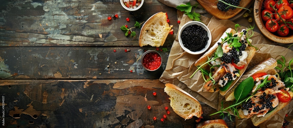 Poster A rustic top view image of a table showing a delectable seafood sandwich with fresh black caviar ideal for an appetizer or meal with ample copy space in the background