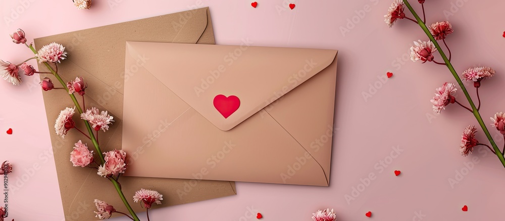 Poster valentine s day card mockup with envelope red heart and flowers on a paper background for copy space