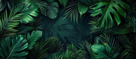 Exotic summer vibes with dark green tropical leaves frame creating a jungle background perfect for text placement in a copy space image