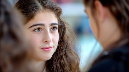 Fototapeta premium A 14 year old girl talks to an adult, view over the shoulder of the adult, the girl has a concerned facial expression