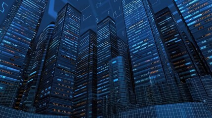 View of a vibrant skyline showcasing contemporary skyscrapers with a digital financial data overlay on a sunny day