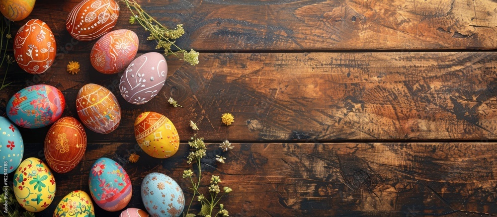 Aufkleber Top view of Easter eggs displayed on a wooden table enhancing the scene with copy space image