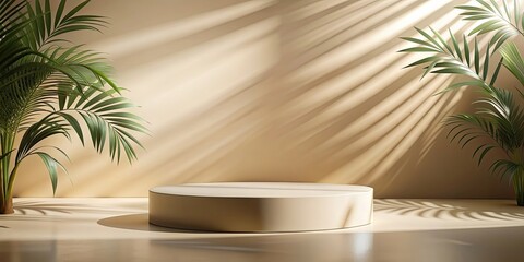 Fototapeta premium Beige stage podium with sunlight shadow and tropical plant background, rendering, podium, stage, beige, sunlight