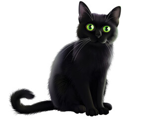 A black cat with green eyes is laying on a white background. The cat's eyes are wide open, giving it a fierce and intimidating appearance. The contrast between the black cat