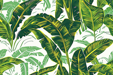 seamless pattern of  linocut of banana plant, growing in jungle, maui