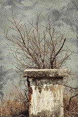 Old Concrete Pillar with Bare Branches