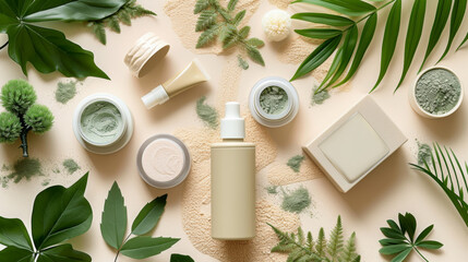 Natural cosmetic, skincare product for face and body care. Eucalyptus cosmetic, spa product at white table.