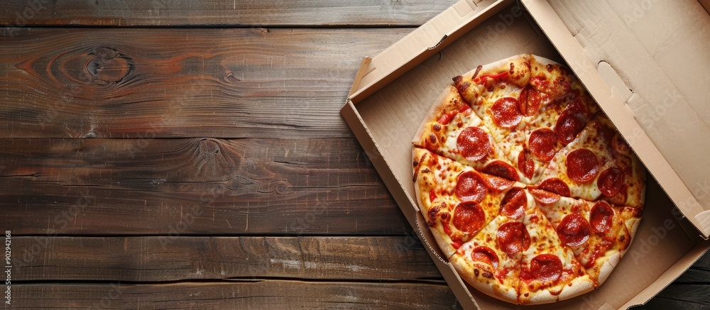 Aufkleber A pizza box with a pizza inside on a table with copy space image