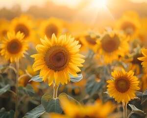 Fototapeta premium A Vibrant Field of Sunflowers Reaching Towards the Warm Embrace of the Sun Symbolizing Optimism and New Beginnings