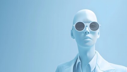 3D render of the head and shoulders of a mannequin wearing sunglasses, a white shirt under a suit jacket, isolated on a pastel blue background ,