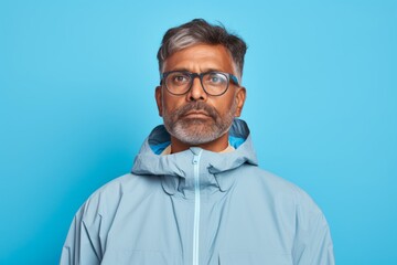 Fototapeta premium Portrait of a content indian man in his 50s wearing a lightweight packable anorak over pastel blue background