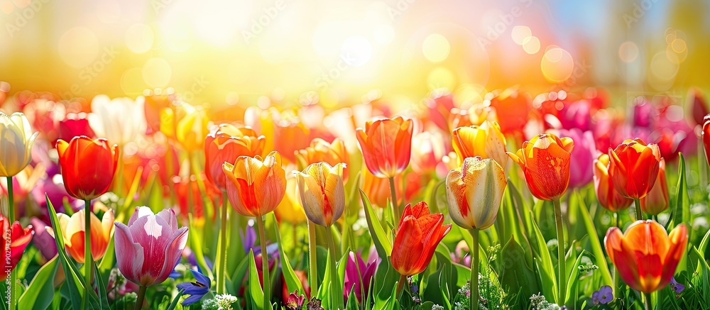 Poster a vibrant meadow in spring with colorful tulips provides a natural floral setting perfect for an eas
