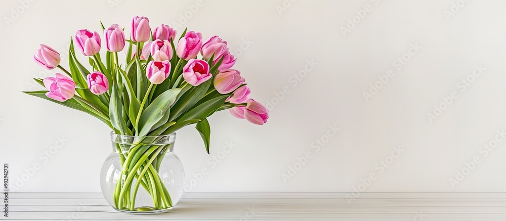 Leinwandbilder a spring bouquet of pink tulips in a clear glass vase against a white backdrop with a copy space ima
