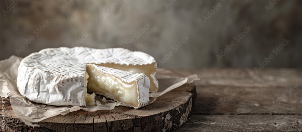 Poster farm fresh camembert cheese a rustic dairy product showcased in a copy space image