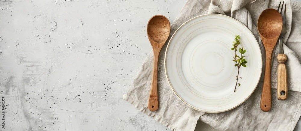 Fototapete rustic vintage dining set with a wooden spoon fork and white plate on a napkin made from water hyaci