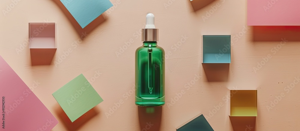 Aufkleber minimal concept for advertising and product promotion featuring a green serum bottle with dropper ca
