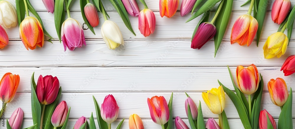 Poster spring themed holiday background featuring a colorful tulip frame on a white wooden surface suitable