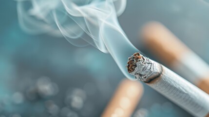 A close-up photograph of a smoking cigarette, with visible smoke rising into the air. The image highlights the burning tip and the delicate trail of smoke.