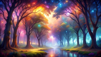 Celestial Canopy: A Dreamy Forest bathed in ethereal light  Generative AI