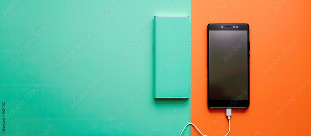 Poster Top view of a smartphone and power bank on an orange and turquoise background with copy space image