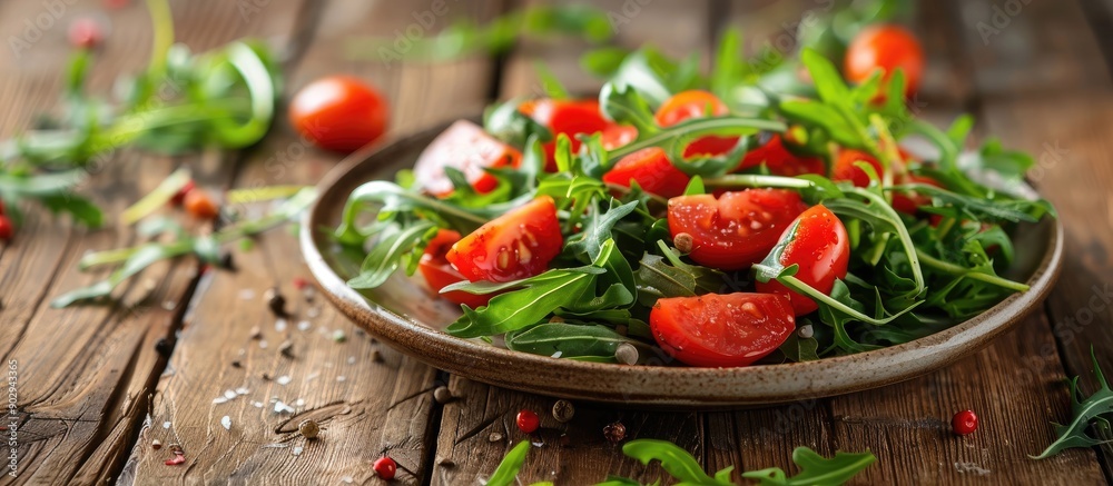 Poster fresh salad with arugula and cherry tomatoes on a rustic wooden table showcasing a copy space image