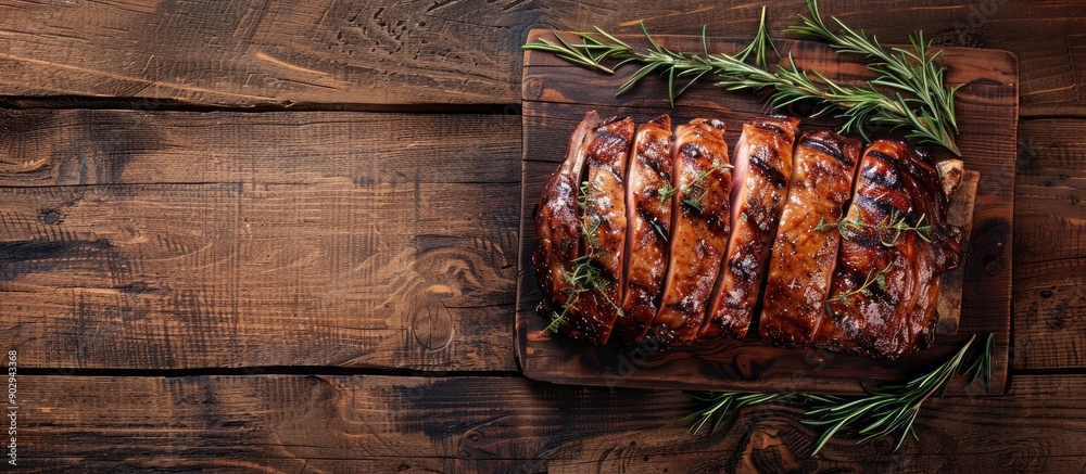 Poster rustic wooden background with a copy space image showcasing succulent roast meat