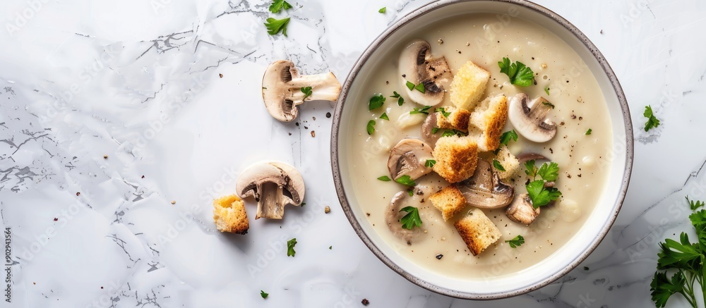 Poster top down view of a tasty mushroom cream soup with croutons on a white marble surface featuring copy 