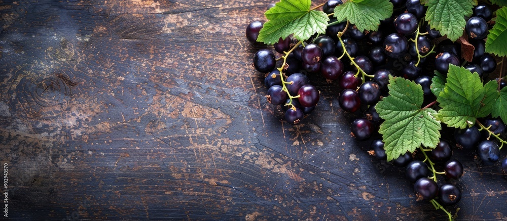 Poster Wooden rustic table with ripe blackcurrants leaves and a clear area for text ideal for a copy space image