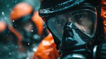 Firefighters wearing full protective gear navigate through rainy conditions, highlighting their bravery, resilience, and the challenges they face in emergency situations.