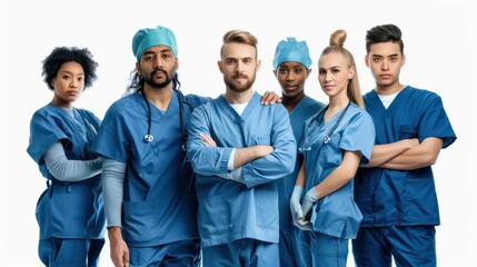 Diverse group of confident team surgeon leading a medical team standing posing together, isolated on white background, png