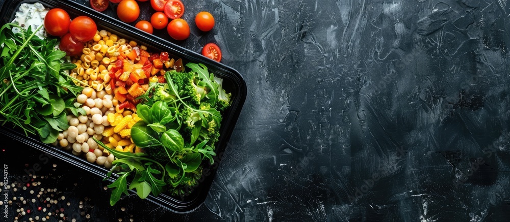 Poster restaurant meals delivered displaying a nutritious dietary option top down view with ample copy spac