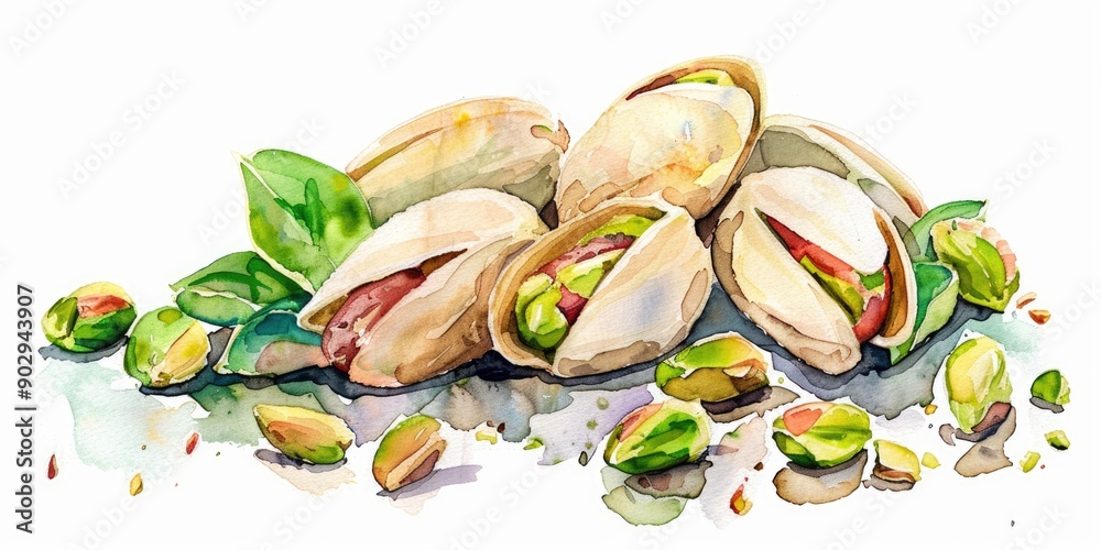 Sticker Watercolor Pistachios and Nuts. Hand-drawn Illustration of Delicious Snack on White Background