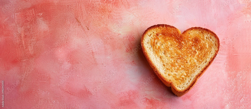 Aufkleber Top view of heart shaped cut toast on a two tone background with space for additional images