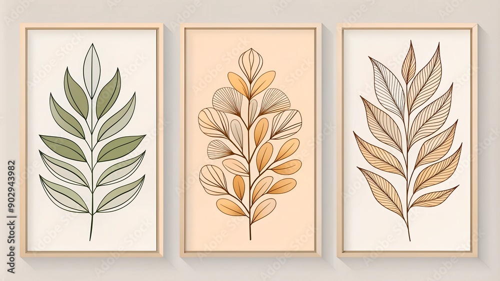 Fototapete Abstract One-Line Art Leaf Botanical Prints – Boho Vector Set for Wall Art with Minimalist Foliage and Bohemian Style Design for Covers and Posters