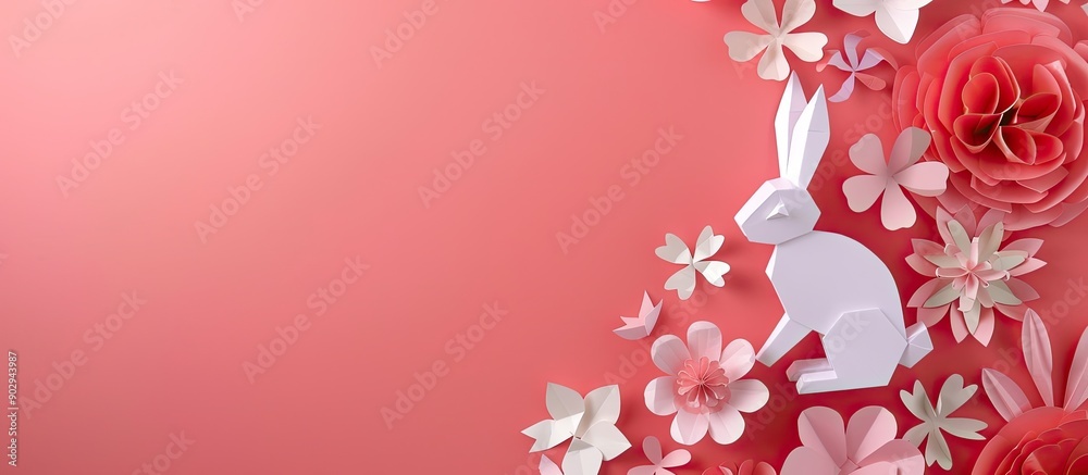 Aufkleber trendy springtime background with paper craft easter elements like papercraft eggs flowers and an or