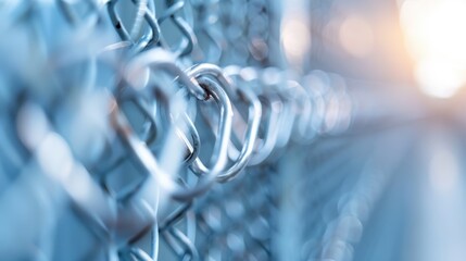 A detailed look at the interwoven metal links of a chain-link fence, catching sunlight and casting shadows, highlighting the confined and protective aspects of the structure.