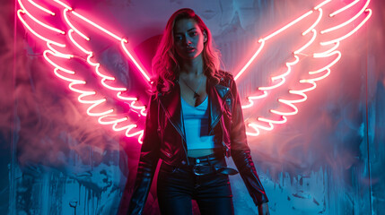 Young lady poses in front of neon angel wings on a wall
