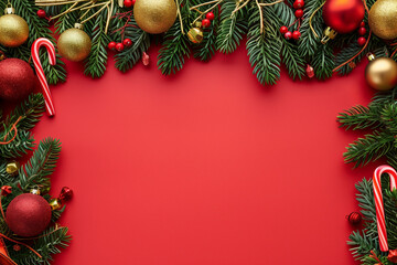 festive Christmas border made of green pine branches, red and gold ornaments, and candy canes, set against a bright red background with ample space for text or other design elements