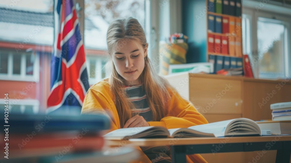 Poster a student focused on her studies in a classroom decorated with a british flag and stacked textbooks.