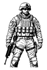 Fictional soldier character. Line art. Black and white illustration for use in graphics. Generated by Ai