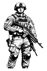 Fototapeta premium Fictional soldier character. Line art. Black and white illustration for use in graphics. Generated by Ai