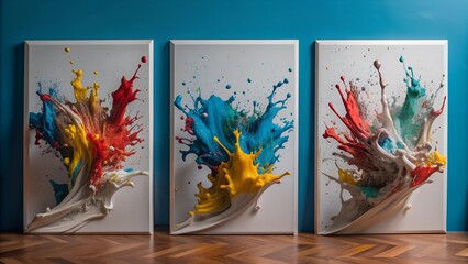 Fototapeta premium Set of three Vibrant Abstract Painting with Energetic Brushstrokes and Bold Colors on colorful Background