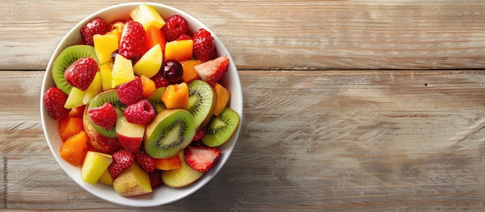 Poster Fresh fruit salad in a bowl on a wooden surface captured from the top with copy space in the image