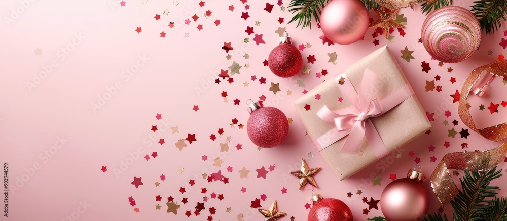 Poster Festive Christmas display featuring ornaments a gift box and star confetti on a soft pink backdrop Ideal for winter holidays Top down view with ample copy space image