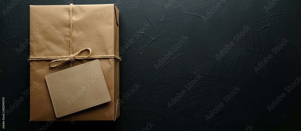 Aufkleber a package box covered in brown craft paper with a blank label on a black background from above for a