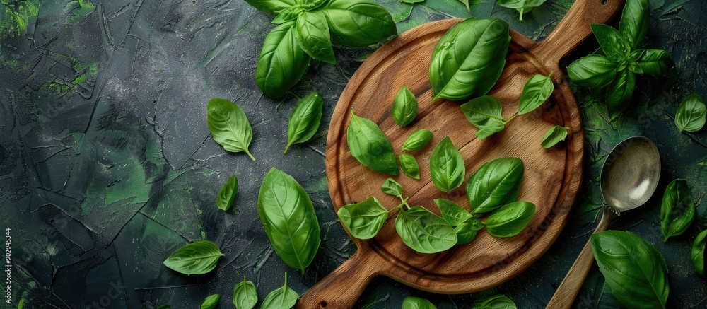 Poster Top view of a round wooden cutting board with a spoon surrounded by basil leaves creating a healthy food concept in the copy space image