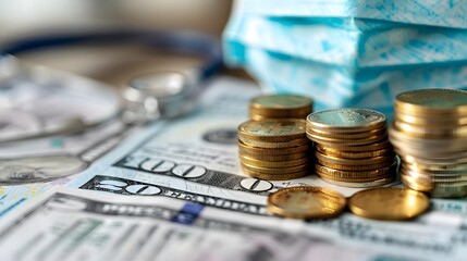 Stacked Coins and Dollar Bills with Medical Masks in the Background